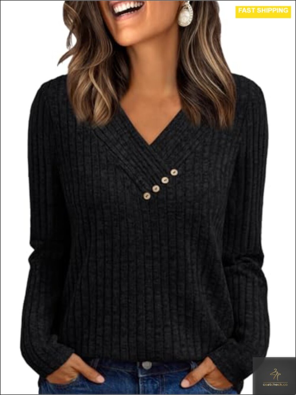Long Sleeve V Neck Tunic Sweater with Decorative Buttons - Lightweight Stretch